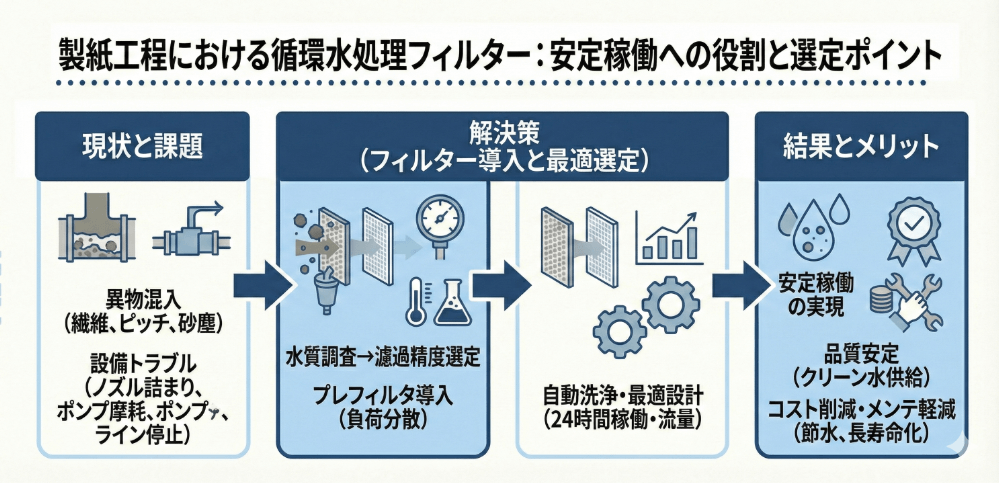 製紙工程の循環水処理におけるフィルター：安定稼働への役割と選定ポイント