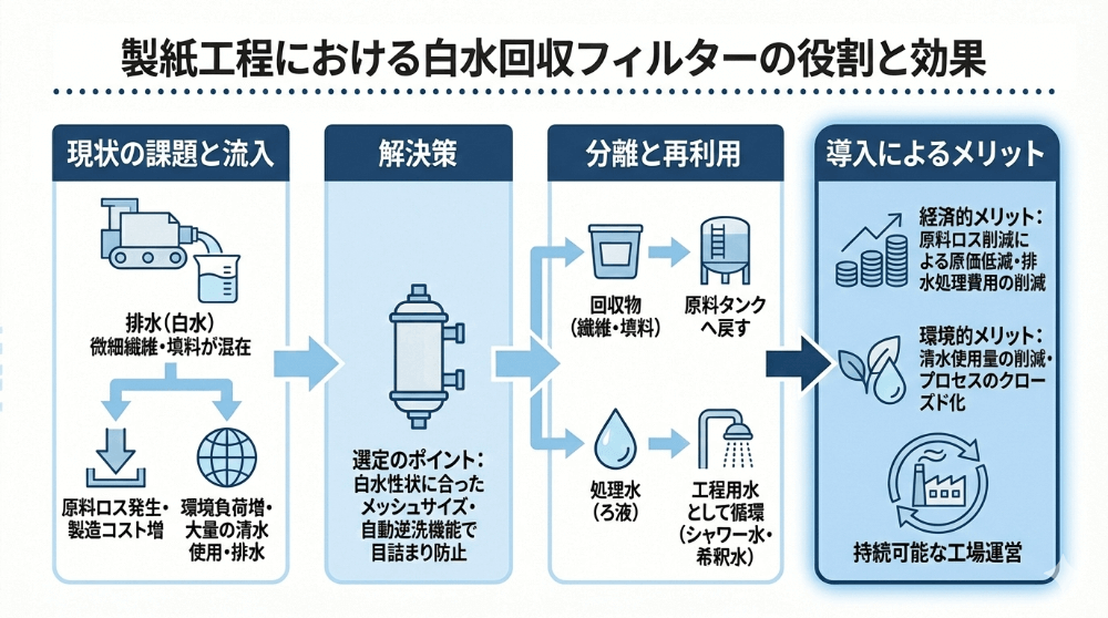 製紙工程における白水回収フィルターの役割と効果