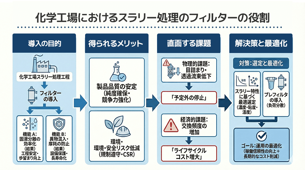 化学工場におけるスラリー処理のフィルターの役割