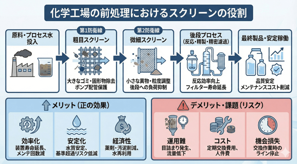 化学工場の前処理で用いられるスクリーンの役割